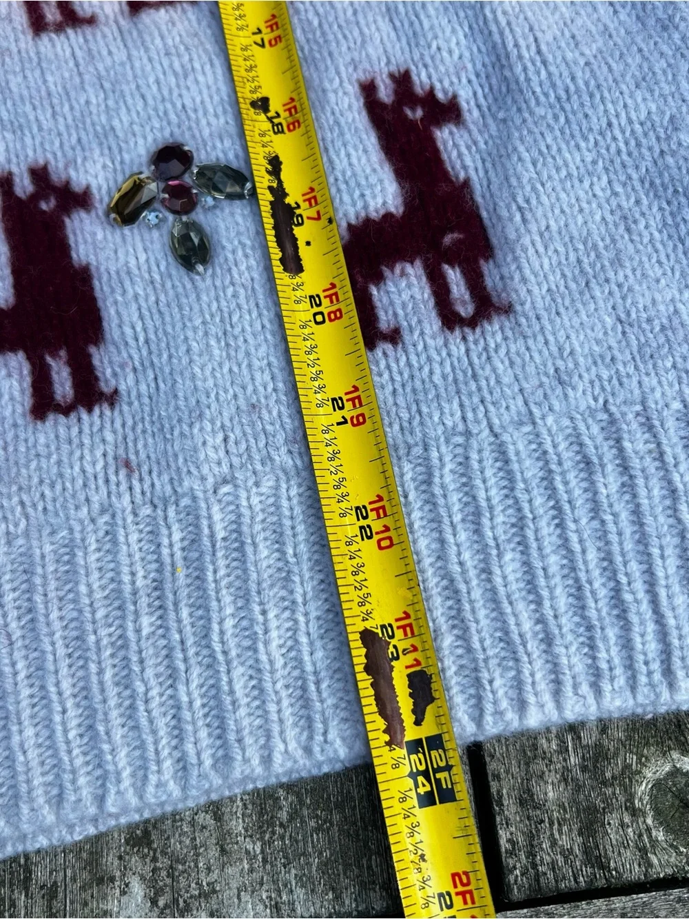 J. Crew Light Gray Wool Sweater with Burgundy Llama Motif and Jewel Accents